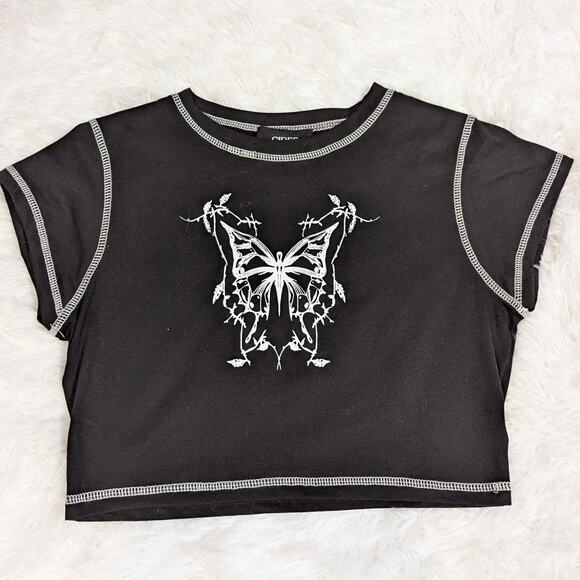 Cider Short Sleeve Cropped Butterfly T-Shirt Black and White Size M - Picture 9 of 13